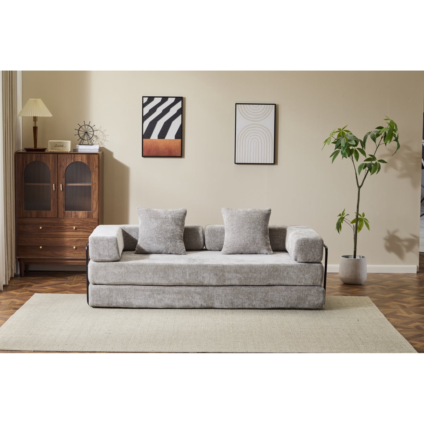Convertible Sleeper Sofa Bed with Pillows, Chenille Folding Mattress Couch with Fixed-Shape Frame, Floor Sofa Bed Couch for Living Room Bedroom Lounge,Light Gray+Chenille