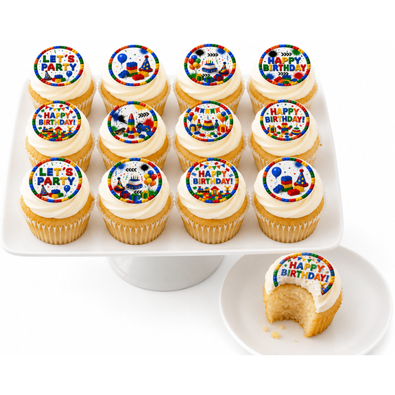 24 Edible Building Blocks Birthday Cupcake Toppers, Edible Wafer Paper 1.5 Inch Round DIY Uncut Cake Decorations, Colorful Brick Party Dessert Toppers for Kids Birthday Party Supplies