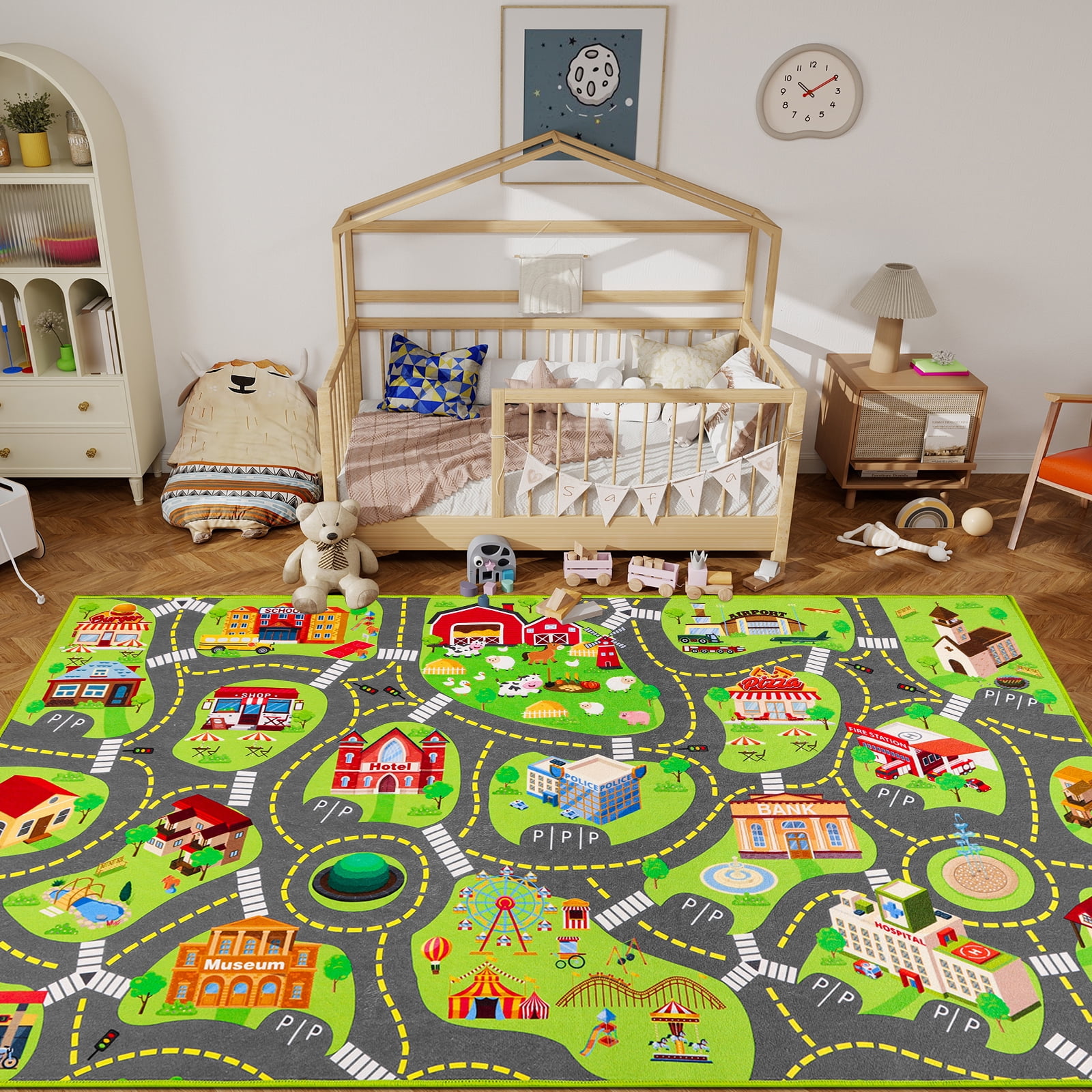 Kids Car Rug Play Mat, Kids Road Car Play Rug for Toy Cars, Educational Town City Map Carpet Vehicle Mat for Boy Playroom Bedroom, Non Slip Car Track Rugs for Kid Baby Children (78.7"X47.3", A)