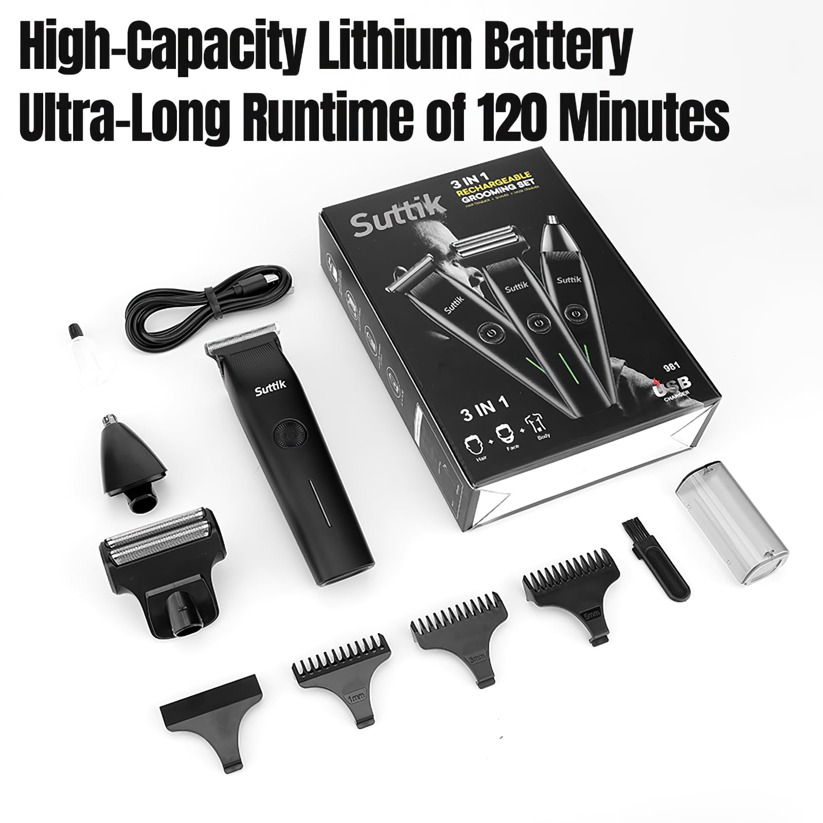 Beard Trimmer, 3 in 1 Hair Clippers and Mens Grooming Kit, Face, Nose, Ear Hair Trimmer - Black