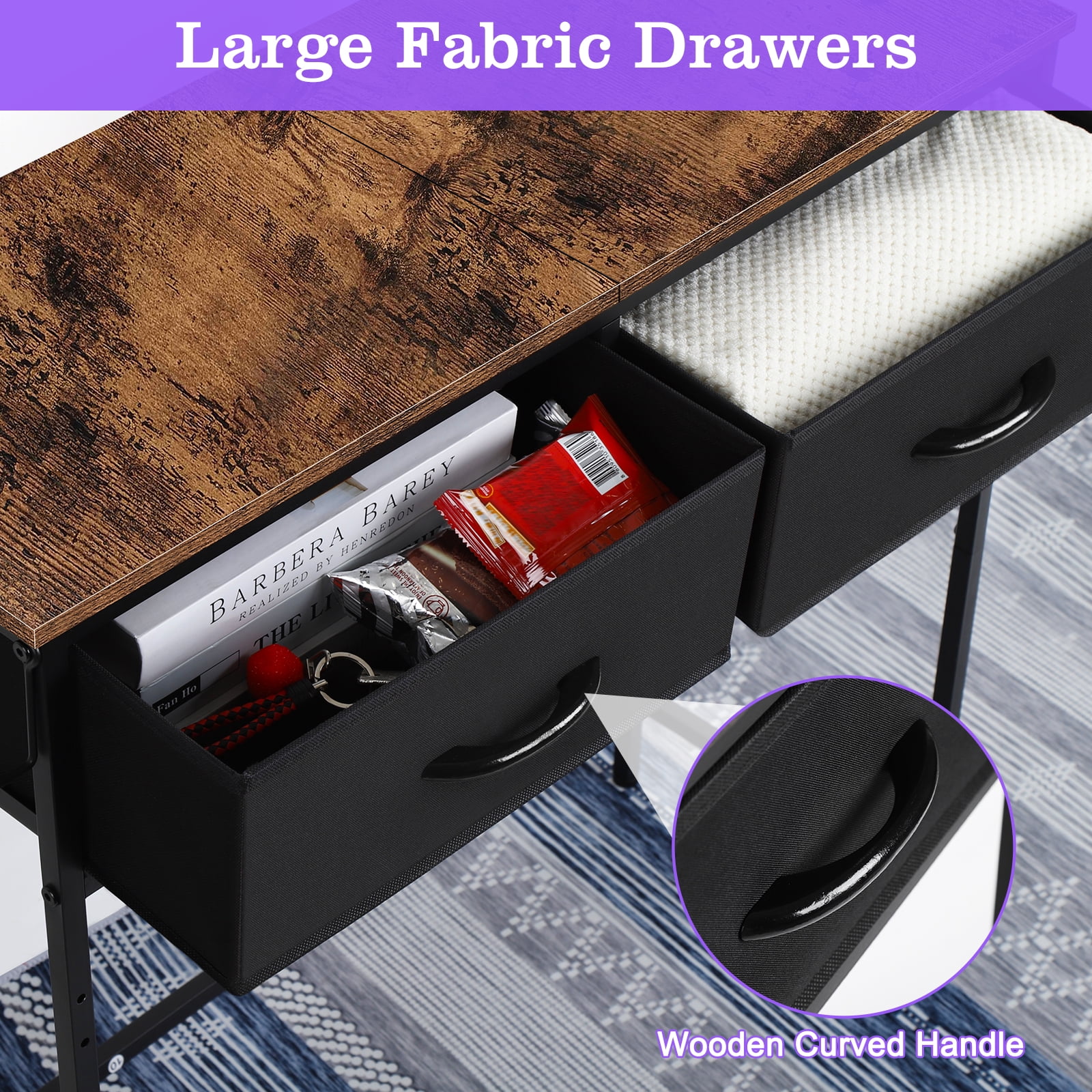 Industrial Console Table with Charging Station, 31.5 Inch Narrow Entryway Table with 2 Fabric Drawers, Side Hook & Adjustable Feet Brown