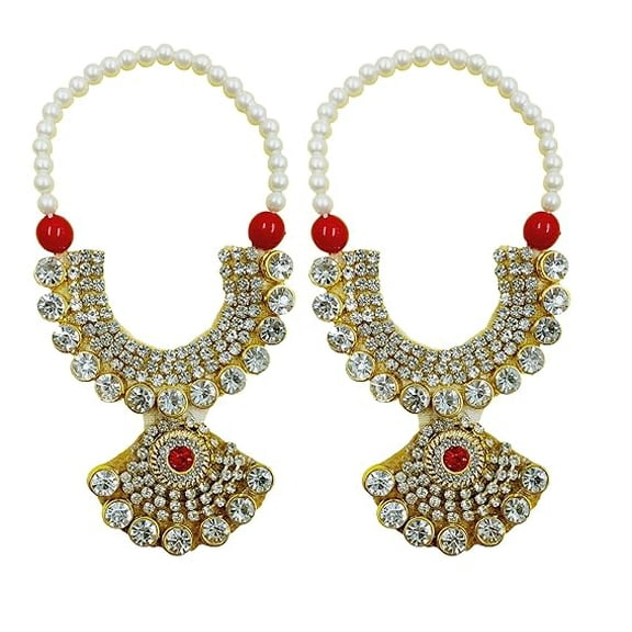 Small Golden Kundan Jarkan Mala for God Idol, Mala Garland Haar for God Murti Idols, Small Mala for Statue, Figurines, Set of 2 (Golden Kundan)