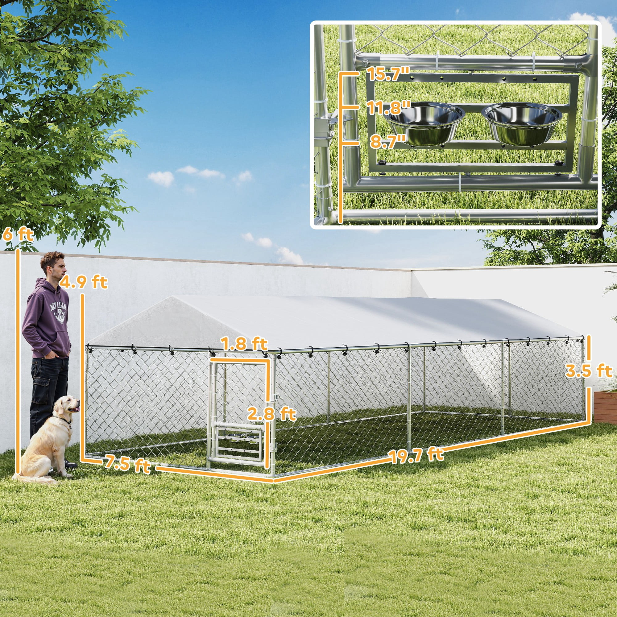 PawHut Dog Kennel Outdoor Dog Run with Waterproof UV-Resist Cover, Lockable Door, Adjustable Bowls, 20 x 7.5 x 5ft