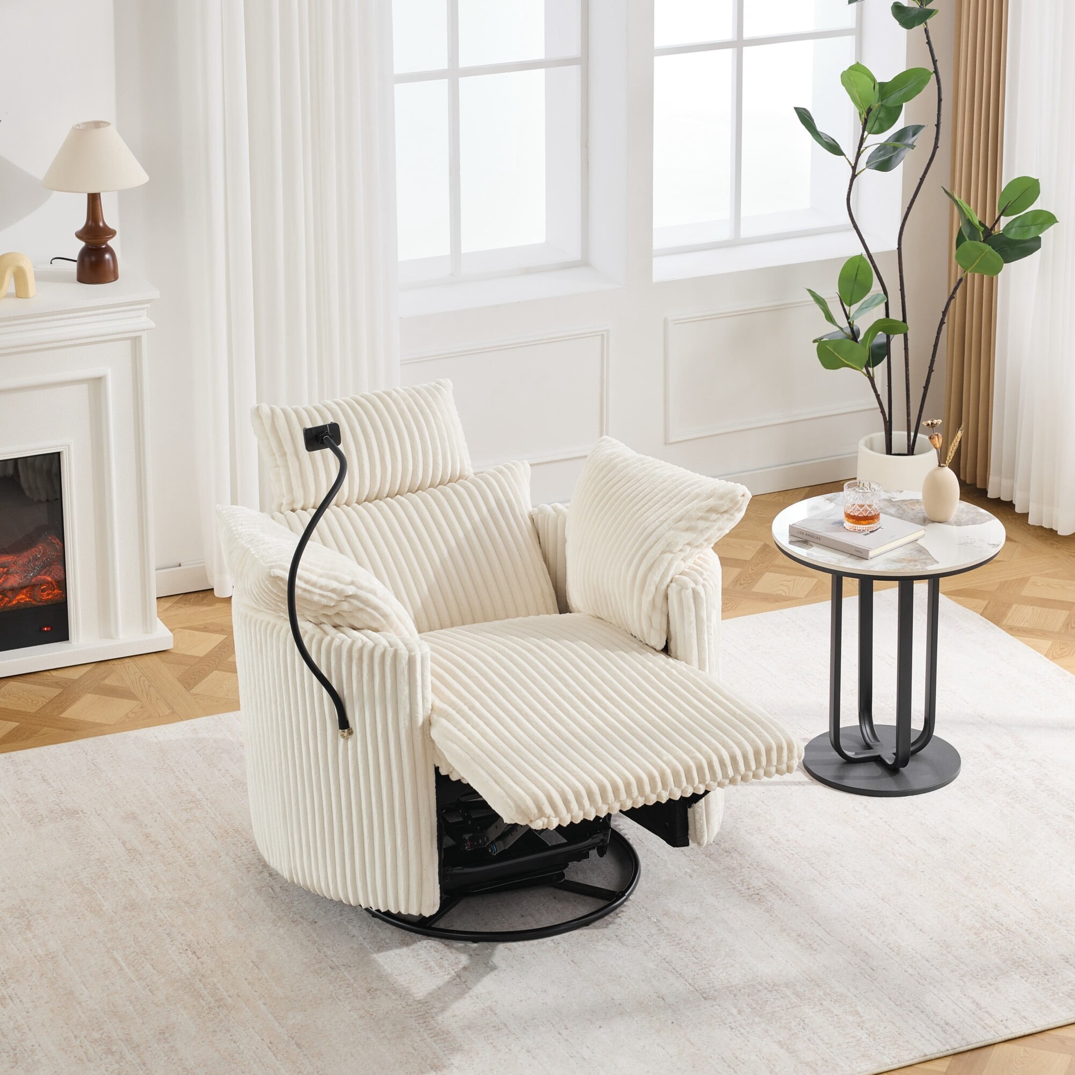 Noble House Sigrid 360° Swivel Rocking Recliner Chair, Electric Power Adjustable Corduroy Armchair with USB, White
