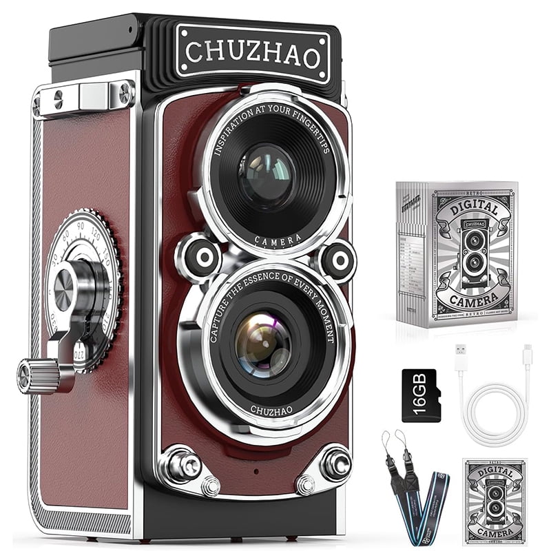 CHUZHAO Vintage Mini Digital Camera, Portable TLR Style Retro Point and Shoot Compact Small Pocket 1080P FHD Video 12MP Autofocus Vlogging Camera with 16 GB Card for Beginners Teens Adults Red