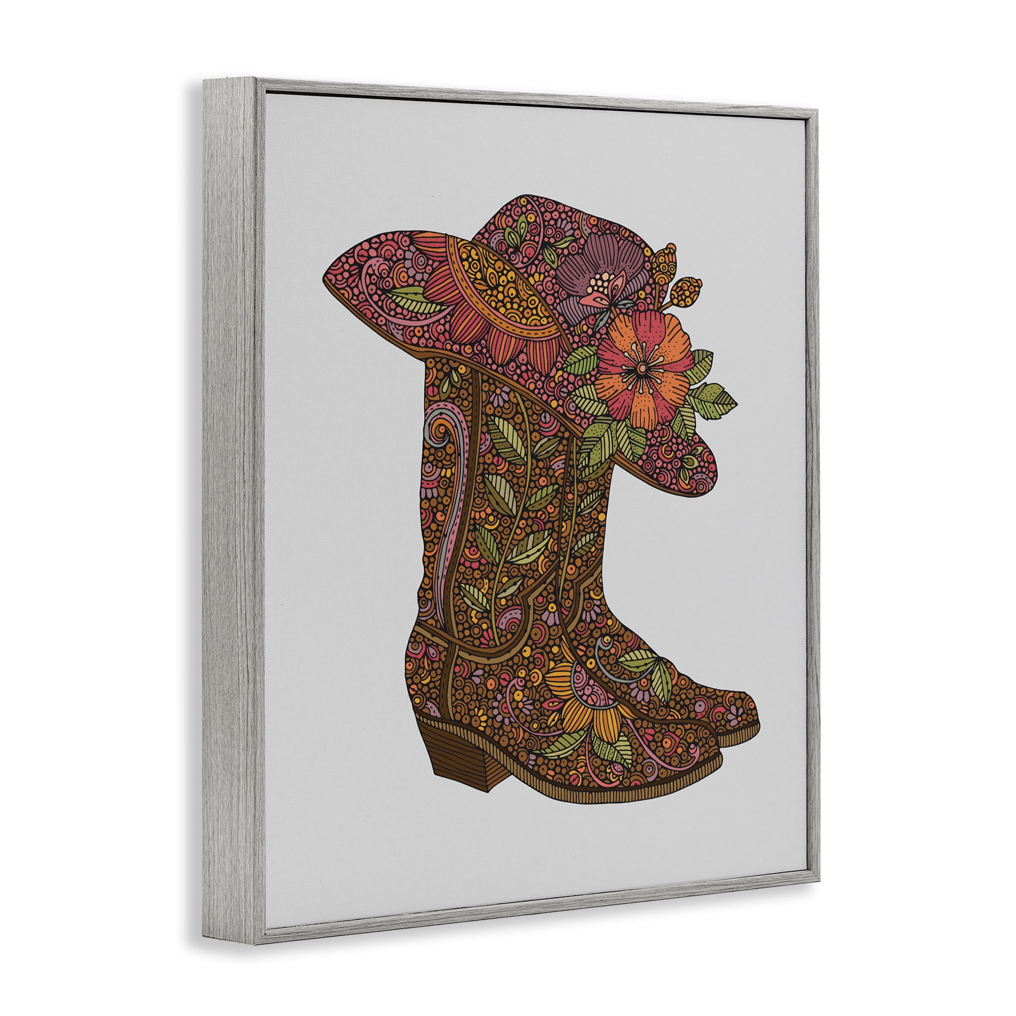 Stupell Industries Paisley Cowboy Boots Botanical & Floral Painting Gray Framed Art Print Wall Art, 16 x 20