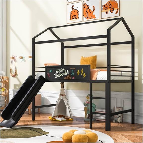 JERFIT Twin House Loft Bed with Slide, Writable Board, Black