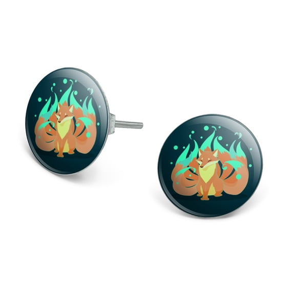 Kitsune Nine-Tailed Fox Novelty Silver Plated Stud Earrings