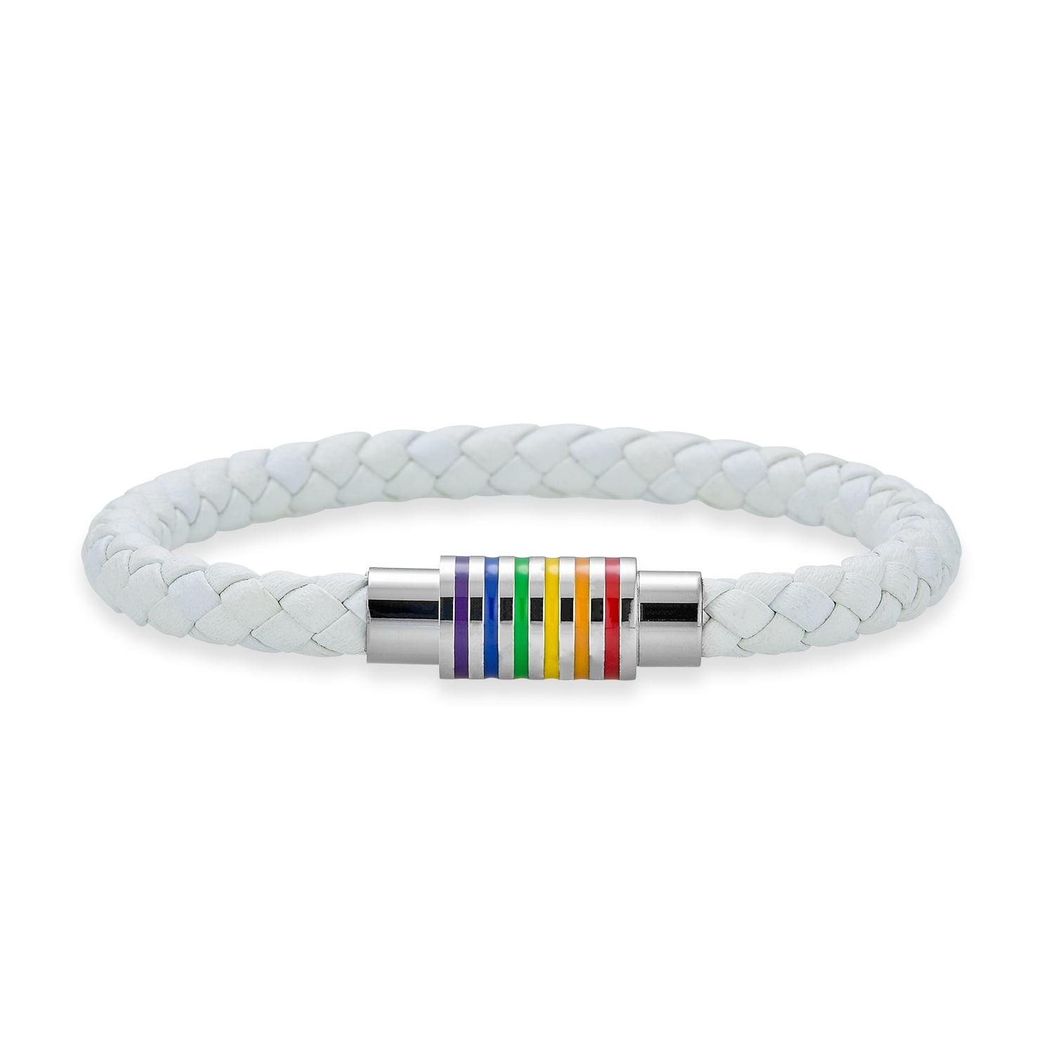 Striped Rainbow Flag Black Braided PU Leather LGBTQ Bracelet Woven Bangle Bracelet for Men for Women Stainless Magnetic Clasp
