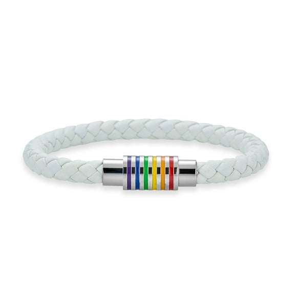 Bling Jewelry Unisex Striped Rainbow Flag Black Braided Leather  Bracelet with Stainless Clasp