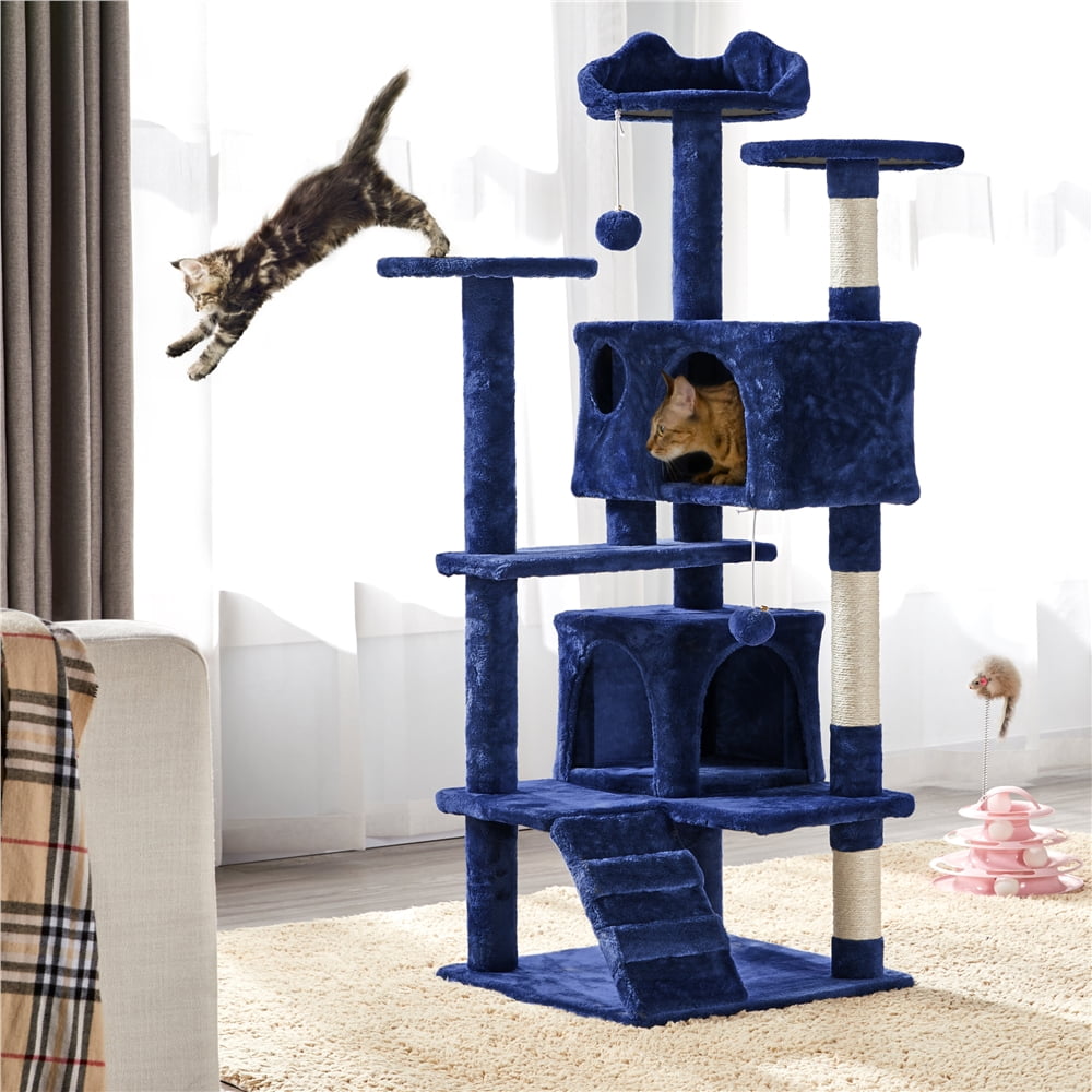 Alden Design 54''H Multilevel Cat Tree Condo 3 Scratching Posts  for  Medium Cats Indoor, Navy Blue