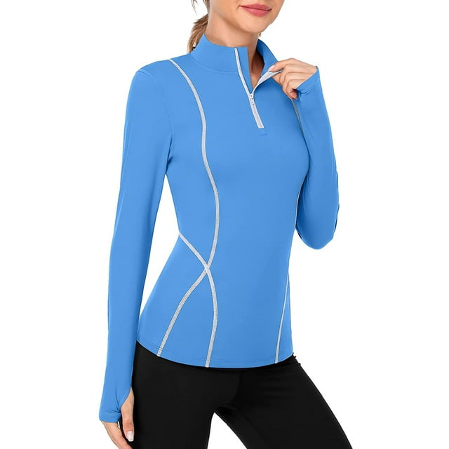 Women's Long Sleeve Workout Tops Zip Thumb Hole Athletic Running Sweatshirt Pullover