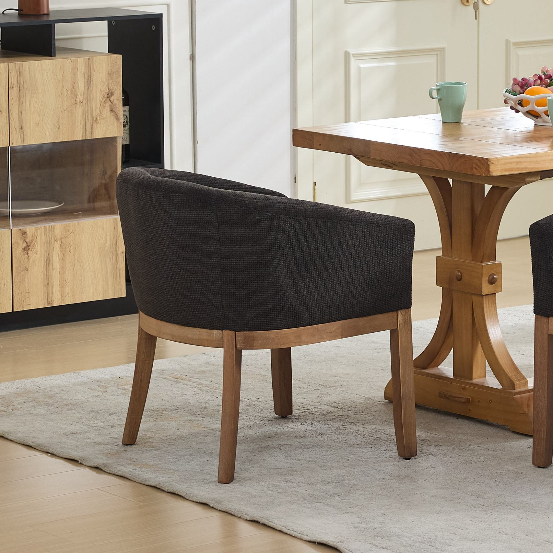 Noble House Barrel Dining Chair with Arms, Linen Upholstery, Rubberwood Frame, Charcoal Gray