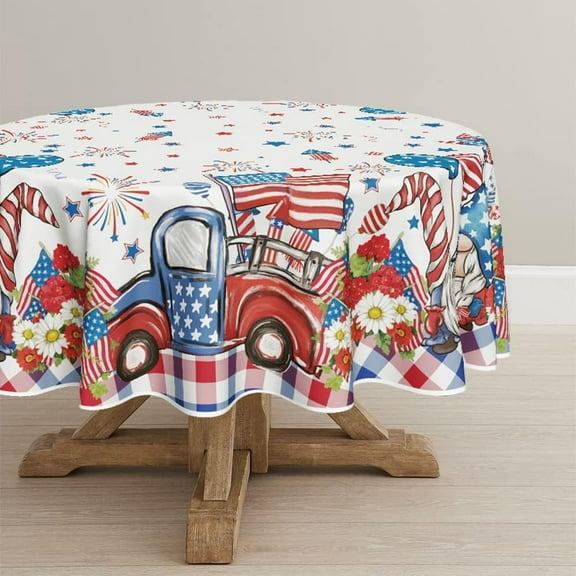 4th of July Tablecloth 60x60 Inch Round, Patriotic Truck Watercolor Flag Independence Day Memorial Day Table Cover for Party Picnic Dinner Decor
