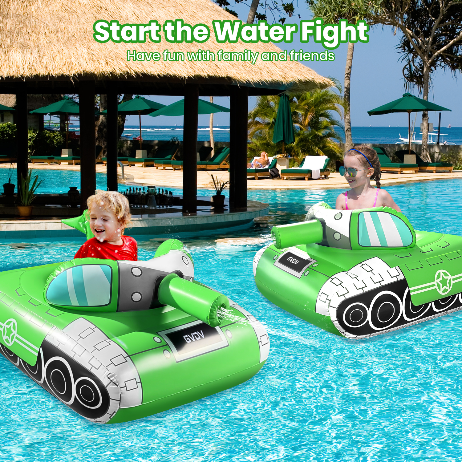 GVDV Inflatable Tank Pool Float for Adults & Kids, 43" x 35" Ride-On Float with Water Squirt Guns, Ideal for Summer Beach & Pool Party Water Battle Games