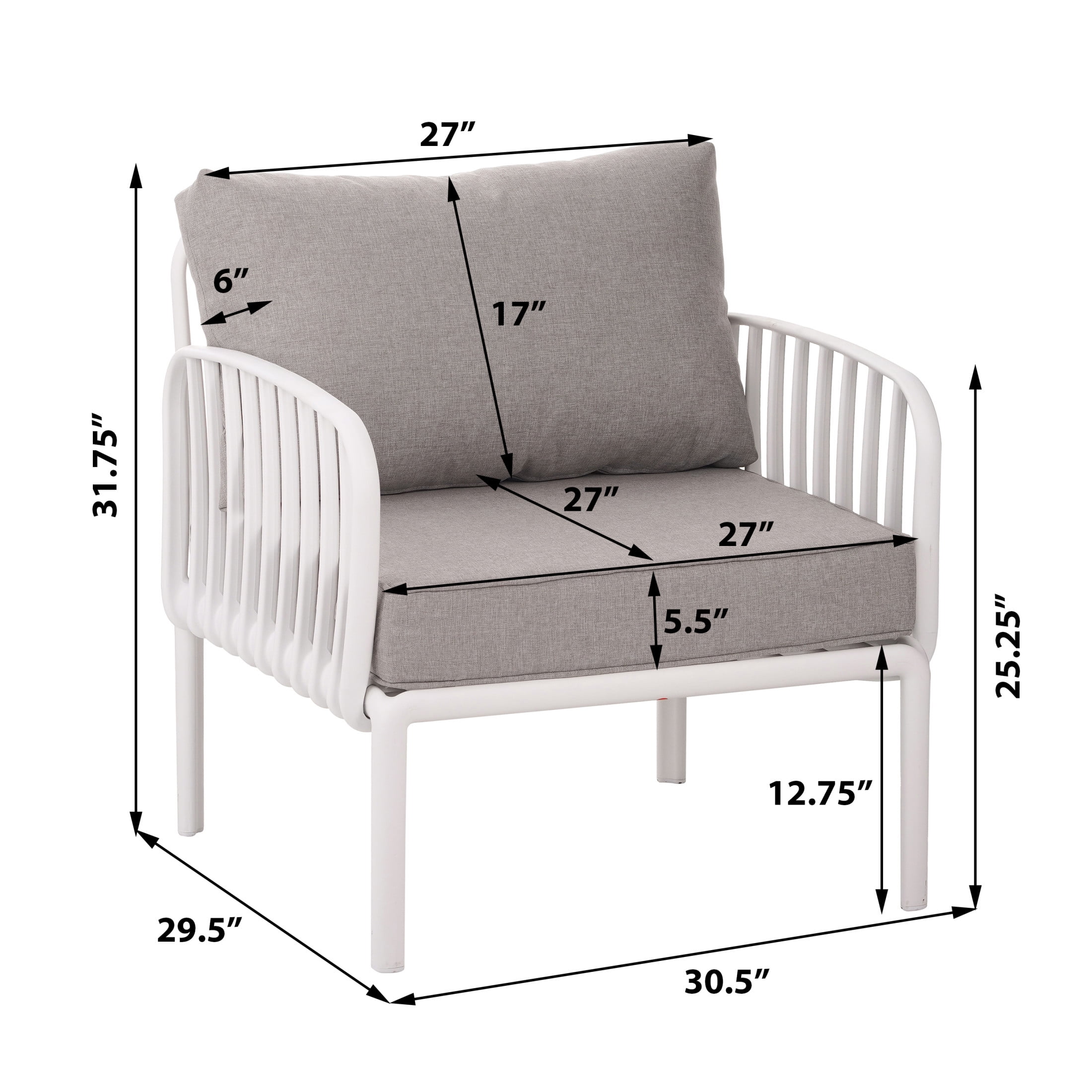 Orion Modern Outdoor Patio Club Chair with Cushions, White+Light Gray