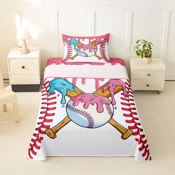 Erosebridal Baseball Sport Twin Sheet Sets for Kids Boys Girls, Ice Cream Drip Bedding, Pink, 1 Flat Sheet, 1 Fitted Sheet and 1 Pillowcase