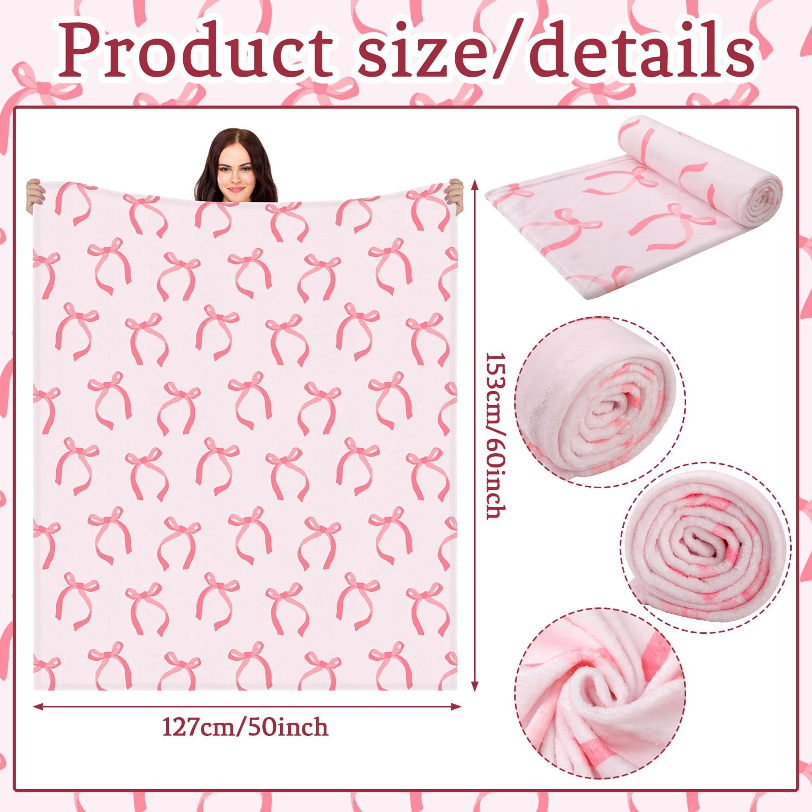 Pink Bow Blanket Christmas Throw Blanket Pink Bow Ribbon Winter Farmhouse Blanket Couch Sofa Soft Warm Bed Blankets for Women Friends Gifts, 50 x 60 Inch(Watercolor Bow)