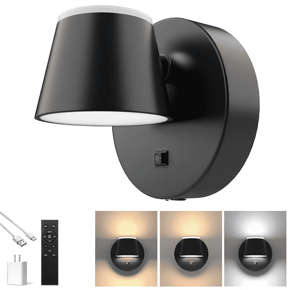 LIGHTINN Rechargeable Battery Operated LED Wall Sconce with Remote Control, 3CCT & Dimmable Magnetic 360° Rotation Cordless Light with Acrylic Shade, Modern Black Matte