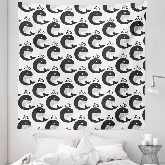 Whales Tapestry, Symmetric Repetitive Pattern with Underwater Animal Fish Print, Fabric Wall Hanging Decor for Bedroom Living Room Dorm, 5 Sizes, White and Dark Grey, by Ambesonne