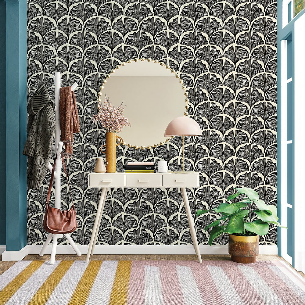 Tempaper x Novogratz Black Feather Palm Peel and Stick Wallpaper, 20.5" x 9'