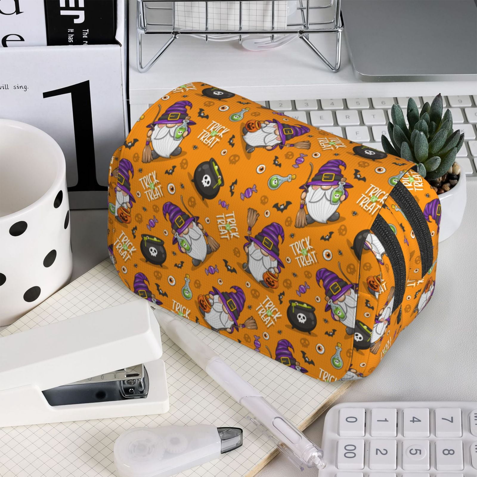 Rateoe Halloween Witches Gnome Pattern Double Clamshell Pen Case, Storage Organizer with Two Zipper Compartments– Holds Up to 50 Pencils & Pens