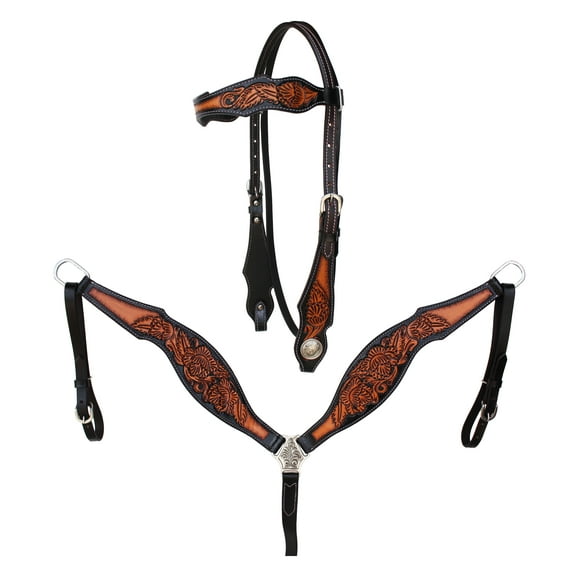 Horse Western Western Tack Floral Tooled Headstall Bridle & Breast Collar Set 78FK13B