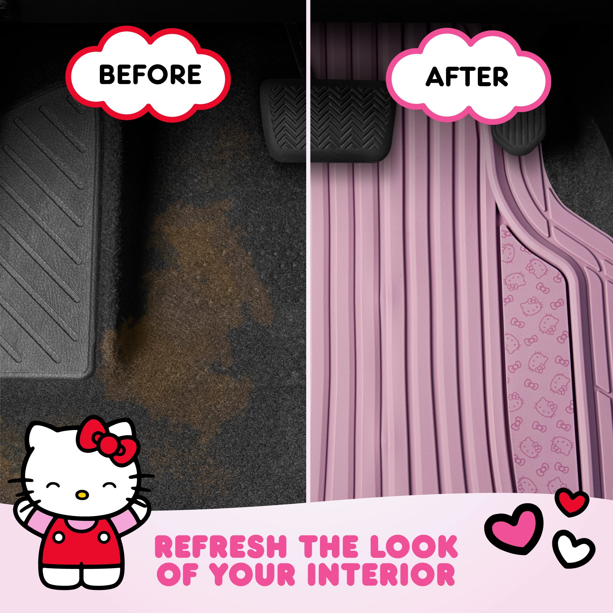 Hello Kitty 4pc Car Mats for Cars, Trucks, SUVs - Pink Rubber Floor Mats for Women & Men, Heavy Duty Non-Slip Front & Rear Mats, Cute Hello Kitty Car Accessories, Pink/Pink