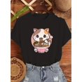 thumbnail image 1 of 1pc Women's Casual Round Neck Short Sleeve T-Shirt with Cute Cat Eating Ramen Print, Cotton Knit Fabric, Breathable & Lightweight for Spring/Summer/Autumn, 1 of 6