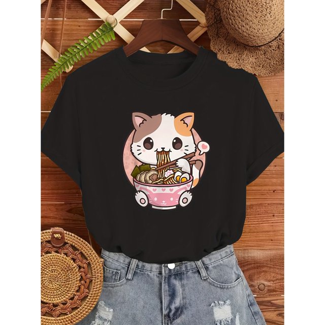 1pc Women's Casual Round Neck Short Sleeve T-Shirt with Cute Cat Eating Ramen Print, Cotton Knit Fabric, Breathable & Lightweight for Spring/Summer/Autumn
