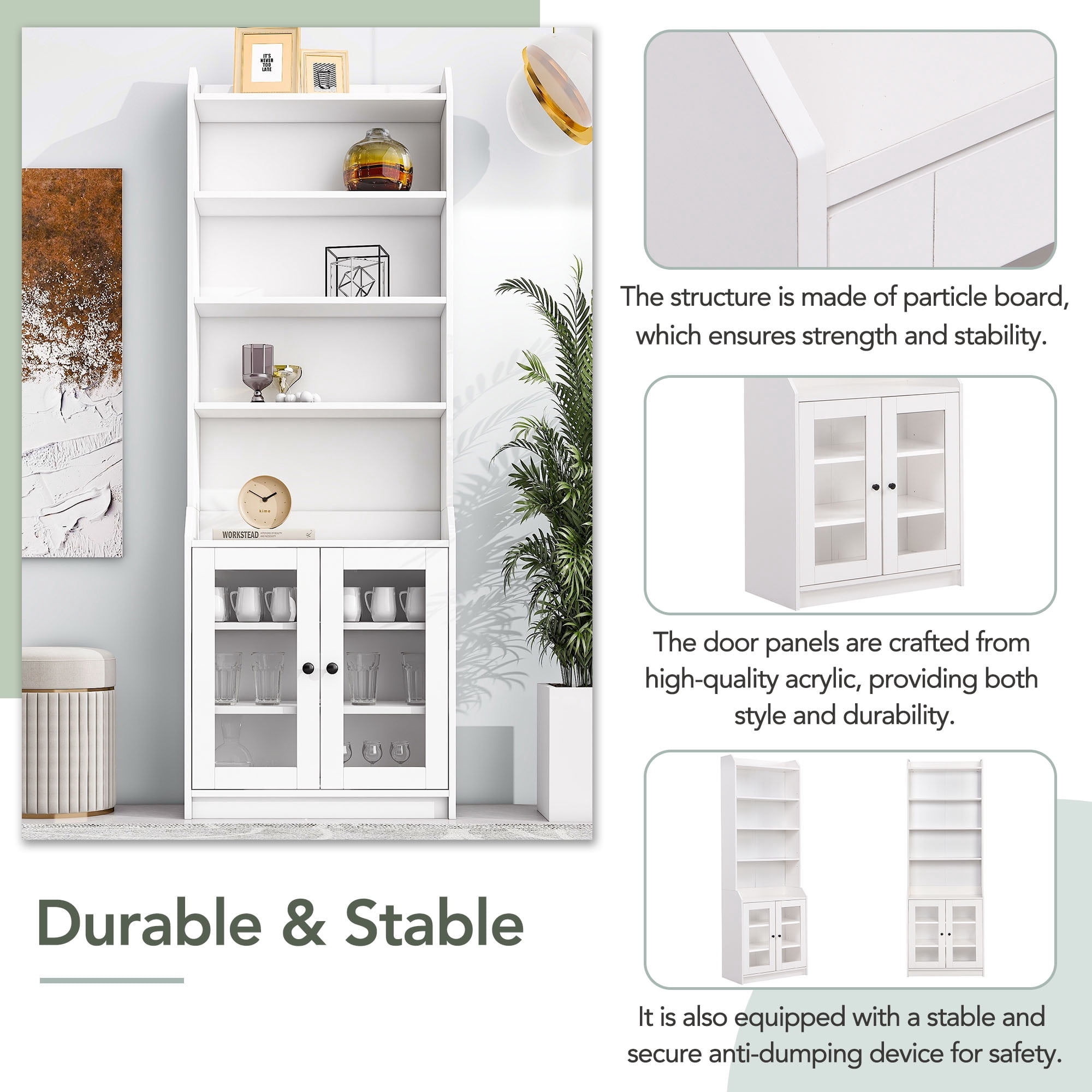 MAYEERTY Elegant Tall Cabinet with Acrylic Door - Contemporary Bookshelf & Sideboard for Living Room, White