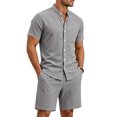 thumbnail image 4 of Maqroz 2 Piece Linen Shorts Set for Men Button Down Short Sleeve Shirt Elastic Waist Shorts Fashion Solid Casual Breathable Daily Wear with Pockets, 4 of 9