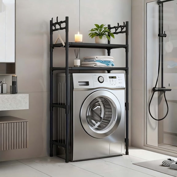 2-Tier Over Washer and Dryer Shelves - Portable Dryer Stand Over Washer with Hooks, Durable Plastic Laundry Organizer for Bathroom/Laundry Room