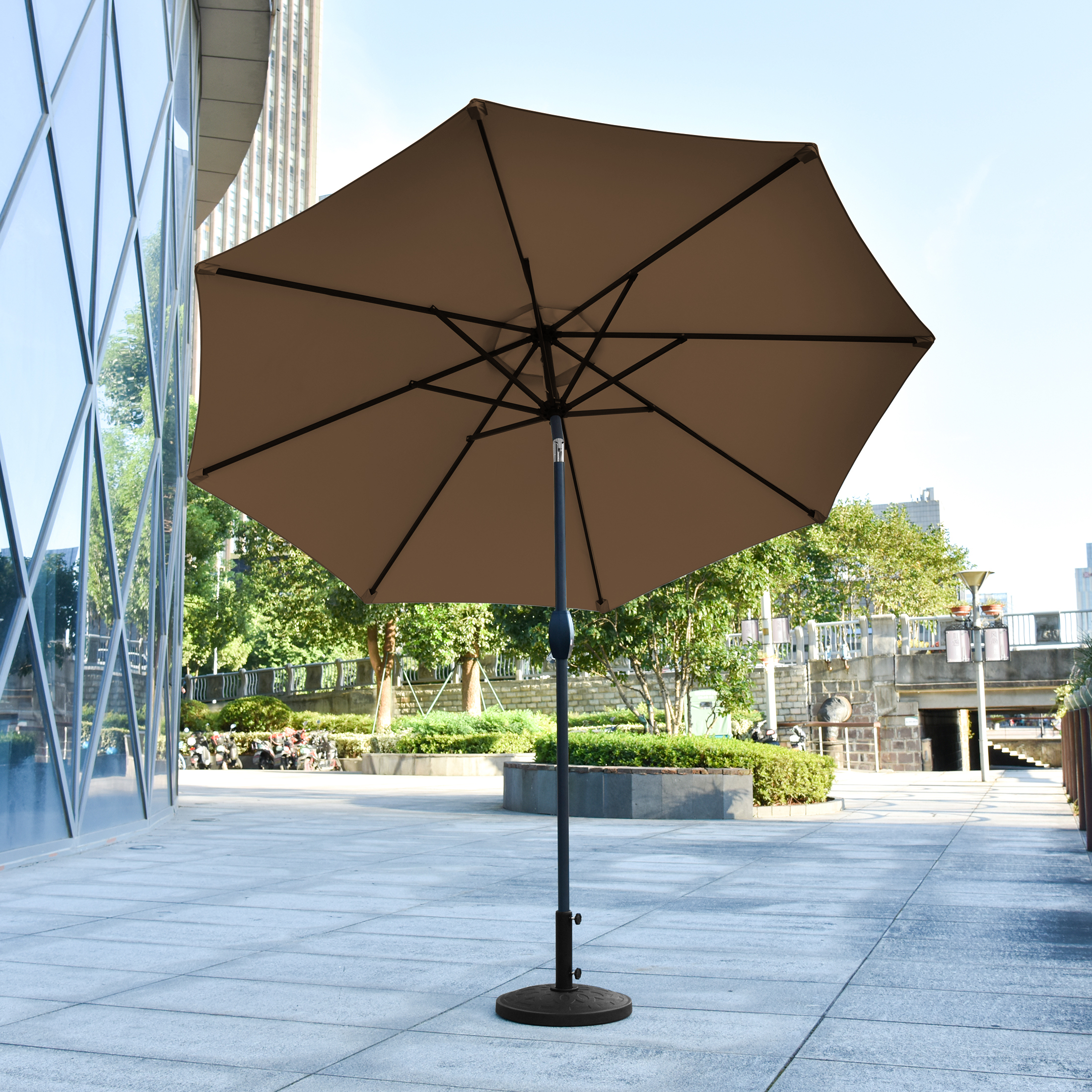 WestinTrends Paolo 9 Ft Patio Umbrella with Base Included, Market Table Umbrella with with 30 Pound Solid Decorative Round Concrete Base, Coffee