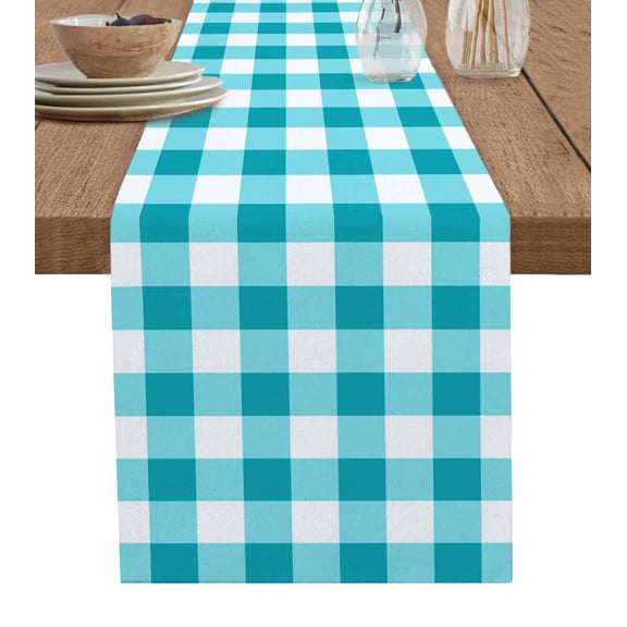 Boanket Turquoise Checkered Table Runner - 60 Inch Long, Kitchen Dining Table Runner Dresser Scarves, Farmhouse Buffalo Plaid Farmhouse Decor for Coffee Tables Wedding Party Banquet