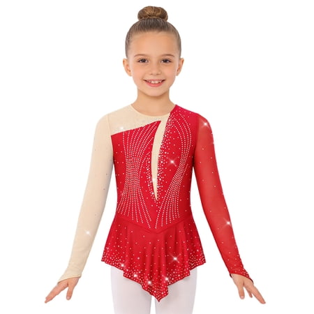 inlzdz Kids Girls Shiny Figure Ice Skating Dress Ballet Dance Tutu Skirted Leotard Lyrical Dancewear Red 6