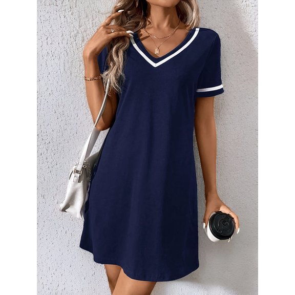 Women's Casual V-Neck Colorblock Dress with Details - Fitted Polyester Machine-Washable Dress for Spring Summer Fall, Solid Color Casual Wear, Dress, Seasonal Fashion, Comfortable Fashion