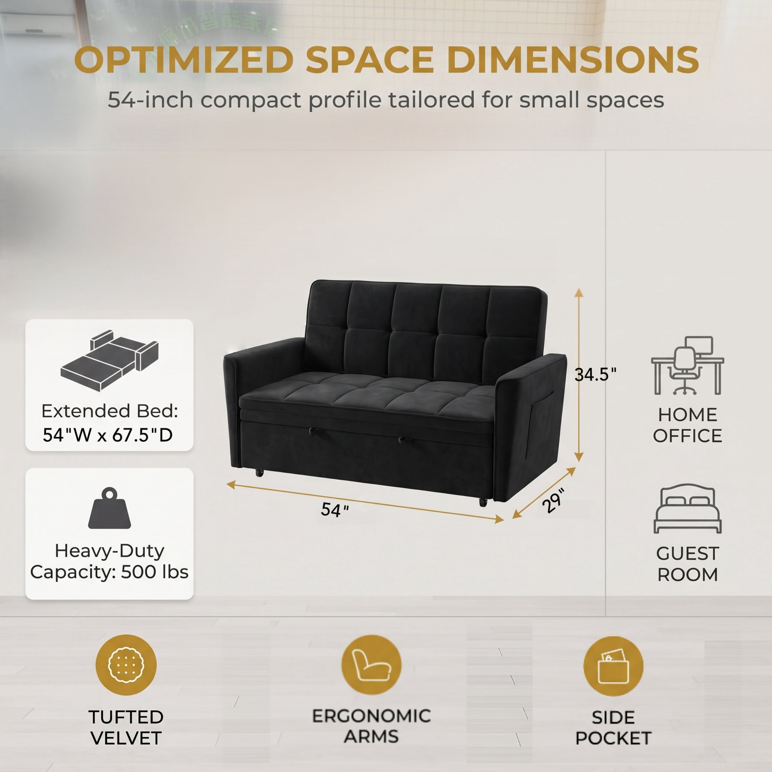 54" Convertible Sleeper Sofa Bed, Modern Velvet 3-in-1 Pull Out Loveseat Couch with 5-Position Backrest & Side Storage Pocket for Living Room, Black