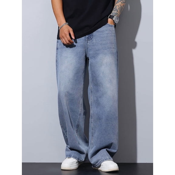 Men's Light Wash Baggy Wide Leg Jeans, Loose Fit Streetwear Denim Trousers, Casual Drapey Straight‑Leg Floor‑Length Pants