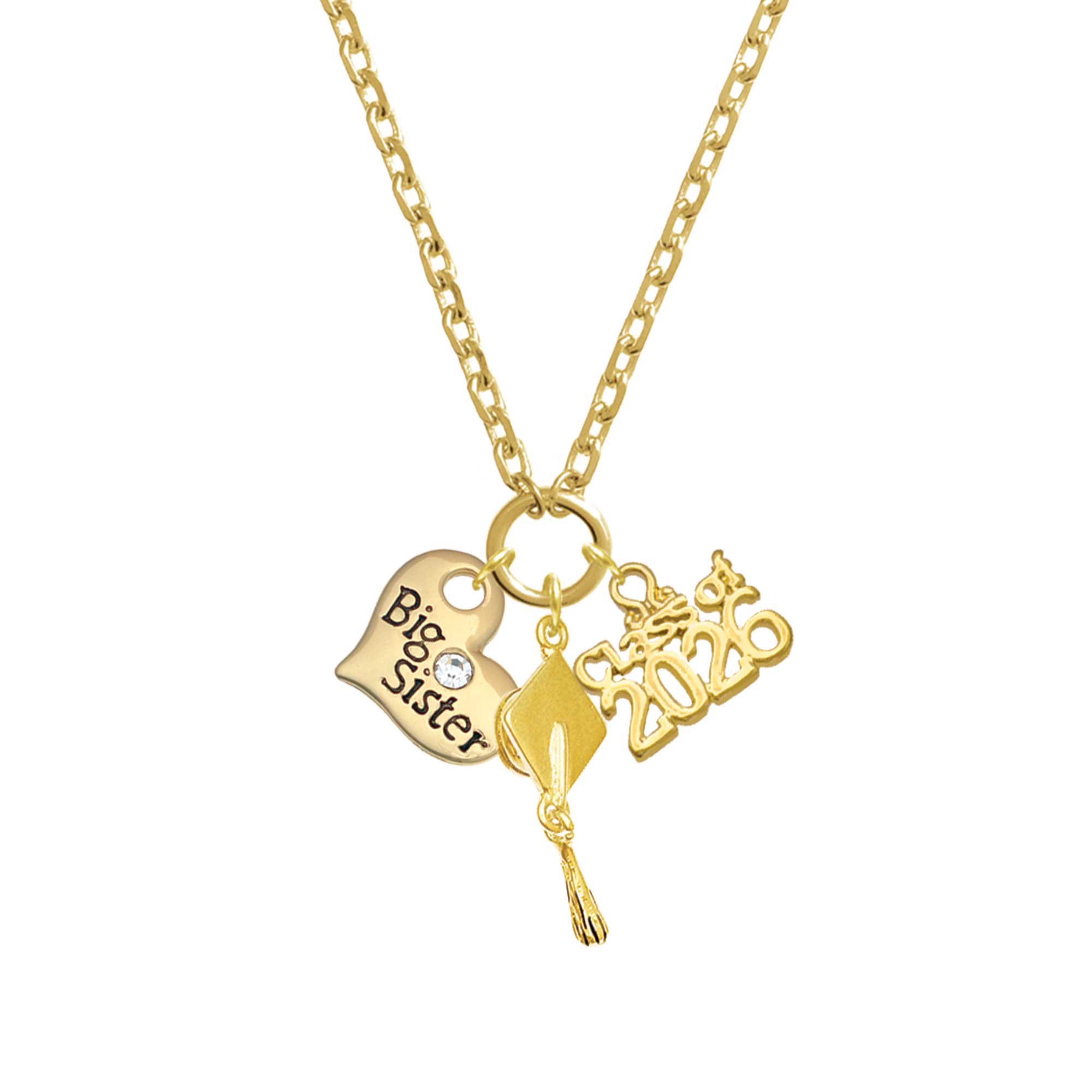 Delight Jewelry Gold-tone Large Big Sister Heart with Clear Crystal - Gold-tone Class of 2026 Graduation Zoey Charm Necklace, 28"