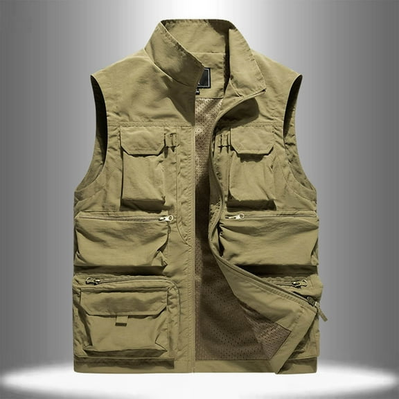 Mens Short Sleeve Shirts Men's Outdoor Cargo Vests Lightweight Multi Pockets Waistcoat Solid Color Casual Sleeveless Jacket Fishing Coat Khaki M