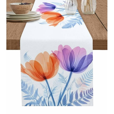 

Table Runner Dresser Scarf 13 x 36 Inch Spring Orange Purple X-ray Tulips Floral Fern Leaf Table Runners Non-Slip Heat Kitchen Dining Table Decor for Indoor Outdoor Home Party Decoration