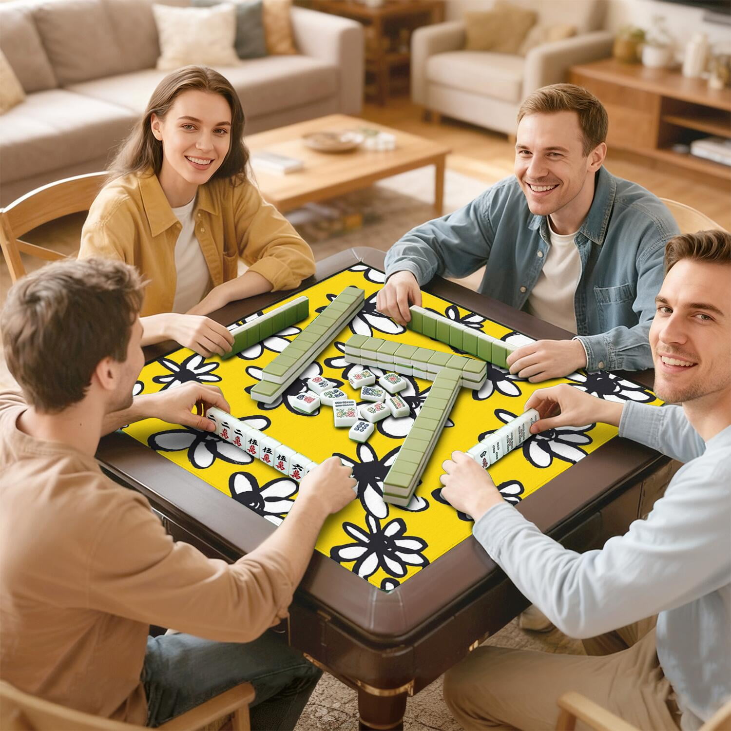 Floral Pattern Anti-Skid Table Mat for Mahjong Game Room 31.5x31.5 Inch Extra Large Rubber Pad with Noise Reduction & Secure Grip for Tiles