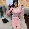 thumbnail image 3 of Femmes O Cou Creux Sexy Split Robe Taille Haute Mini Gaine Club Robe Courte Printemps Été Manches Longues Slim Robe, 3 of 6