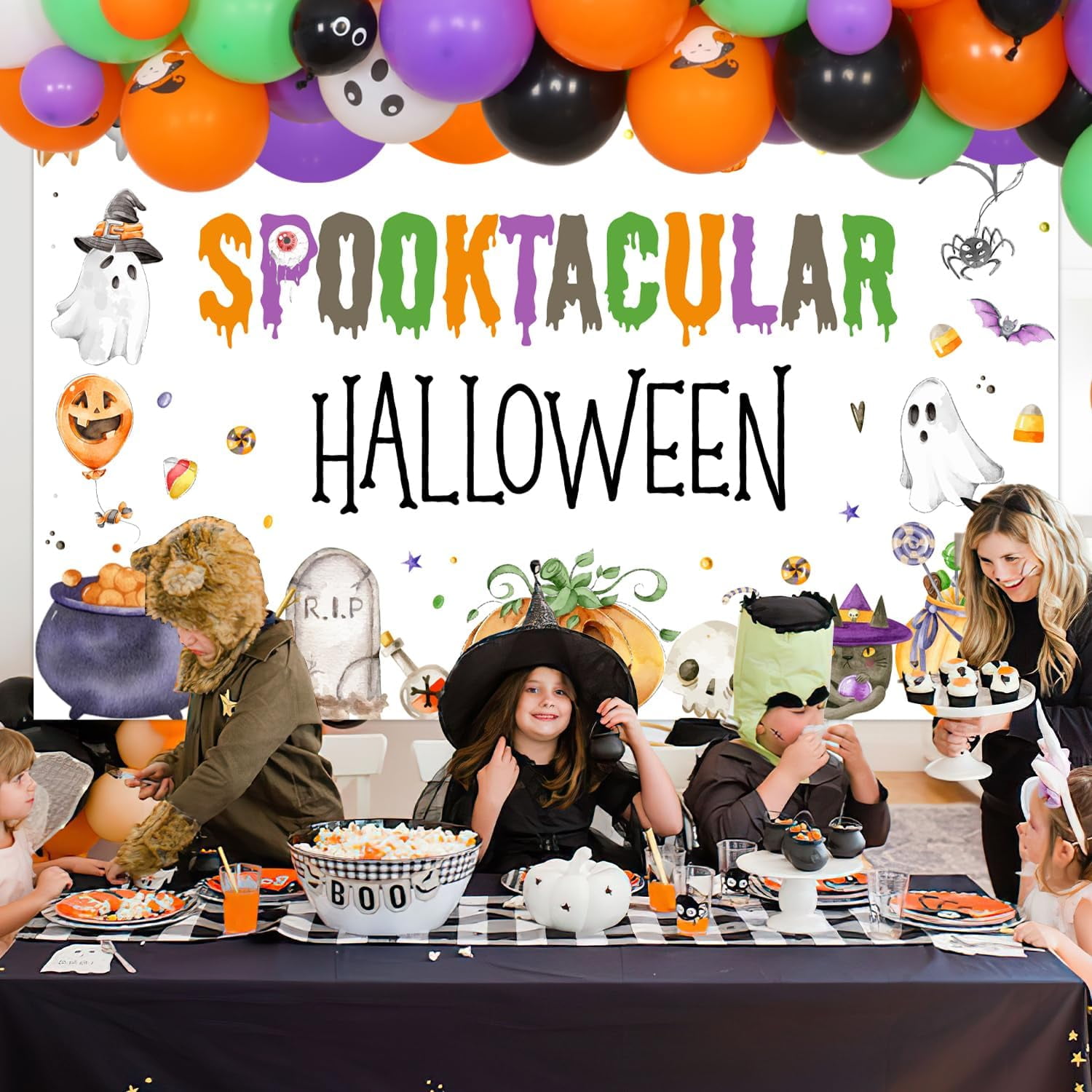 71Pcs Spooktacular Halloween Theme Party Decorations Spooktacular Halloween Pumpkin Bat Cemetery Backdrop Orange Purple Green Balloon Garland Arch Kit for Children Adult Halloween Party Decor Supplies