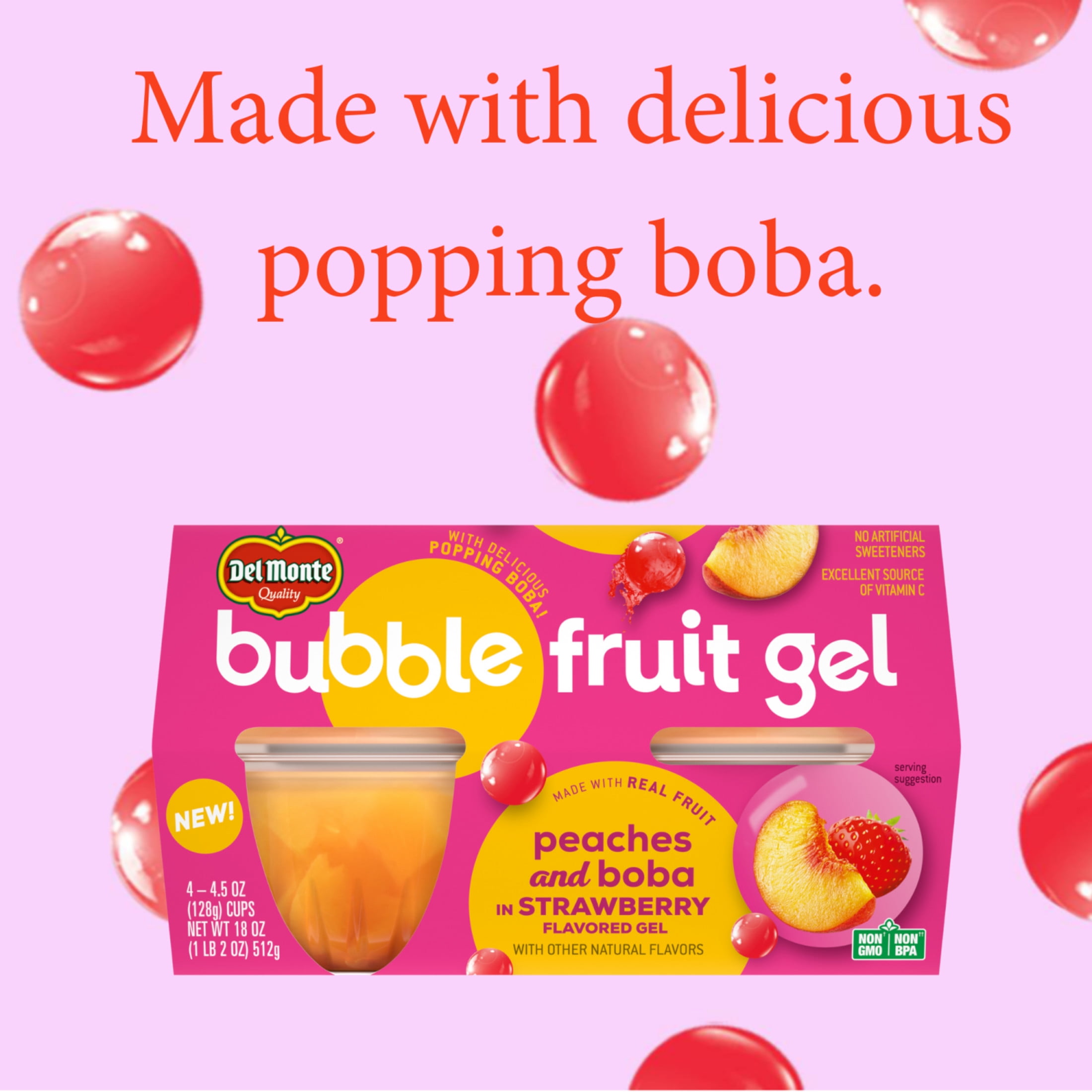 (4 pack) Del Monte Bubble Fruit Gel Peach Strawberry Fruit Cup Snack with Popping Boba, 4.5 oz Cup (Pack of 4)