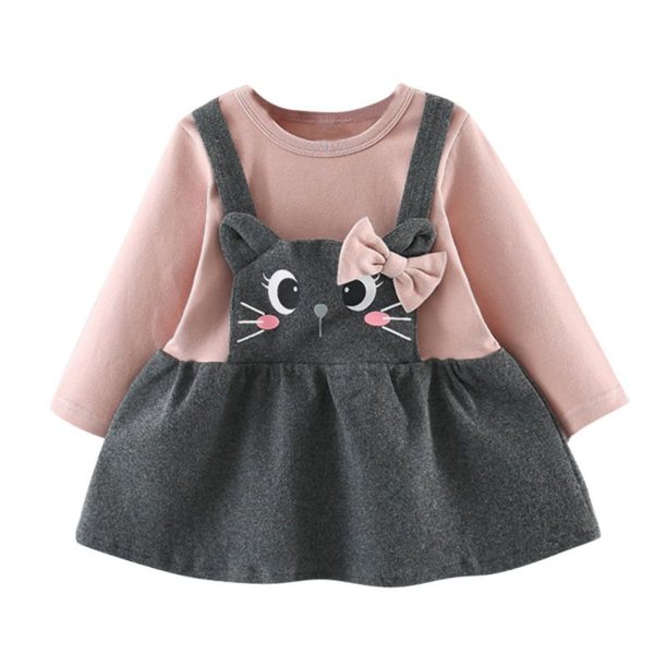 Fake 2pcs Cute Girls Cartoon Cat Shape Long Sleeve Cotton Dress Walmart Com Walmart Com