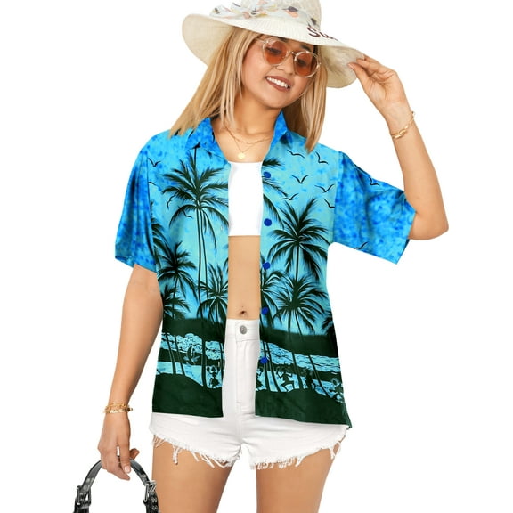 HAPPY BAY Women's Beach Hawaiian Blouse Shirt Cute Blouses Button Down Casual Short Sleeve Dress Tops Tee Shirts Tank Top Women L Azure, Palm Tree View