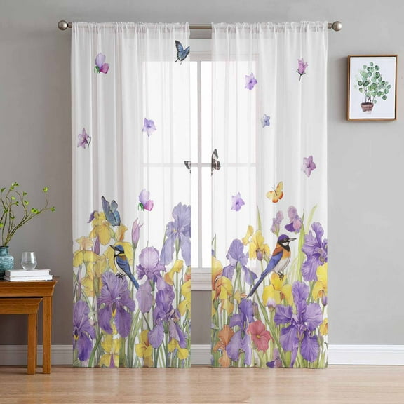 Purple Yellow Spring Floral Sheer Curtains 108 Inch Length 2 Panels Set for Living Room/Bedroom, Summer Botanical Birds Curtain Sheers Drapes Rod Pocket Curtains Window Treatment Set 52''x108''x2