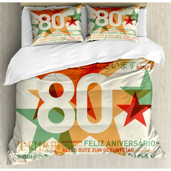 80th Birthday Duvet Cover Set, 80 Years Old Party Theme Universal Happy Best Wish, Decorative 3 Piece Bedding Set with 2 Pillow Shams, Queen Size, Pale Vermilion and Green, by Ambesonne